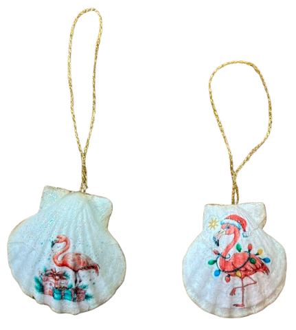 SCALLOP SEASHELL CHRISTMAS ORNAMENT- Shell FLAMINGO Christmas Ornaments SET 6 - BEACH COASTAL DECOR - Handmade Hand Painted DECOUPAGED Repurposed Upcycled Gift SET OF 2 Ornaments - JAMsCraftCloset