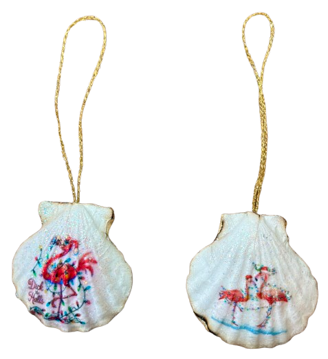 SCALLOP SEASHELL CHRISTMAS ORNAMENT- Shell FLAMINGO Christmas Ornaments SET 5 - BEACH COASTAL DECOR - Handmade Hand Painted DECOUPAGED Repurposed Upcycled Gift SET OF 2 Ornaments - JAMsCraftCloset