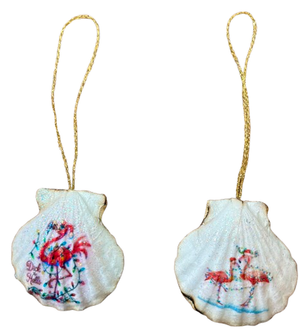 SCALLOP SEASHELL CHRISTMAS ORNAMENT- Shell FLAMINGO Christmas Ornaments SET 5 - BEACH COASTAL DECOR - Handmade Hand Painted DECOUPAGED Repurposed Upcycled Gift SET OF 2 Ornaments - JAMsCraftCloset