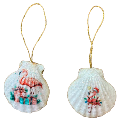 SCALLOP SEASHELL CHRISTMAS ORNAMENT- Shell FLAMINGO Christmas Ornaments SET 4 - BEACH COASTAL DECOR - Handmade Hand Painted DECOUPAGED Repurposed Upcycled Gift SET OF 2 Ornaments - JAMsCraftCloset