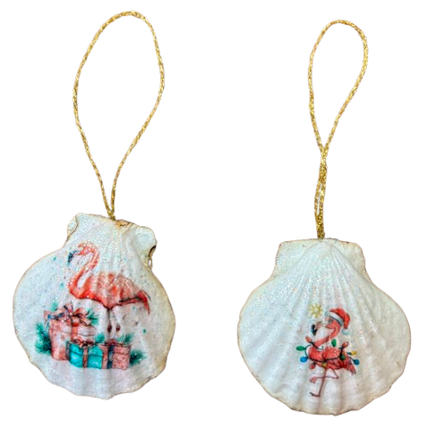 SCALLOP SEASHELL CHRISTMAS ORNAMENT- Shell FLAMINGO Christmas Ornaments SET 4 - BEACH COASTAL DECOR - Handmade Hand Painted DECOUPAGED Repurposed Upcycled Gift SET OF 2 Ornaments - JAMsCraftCloset