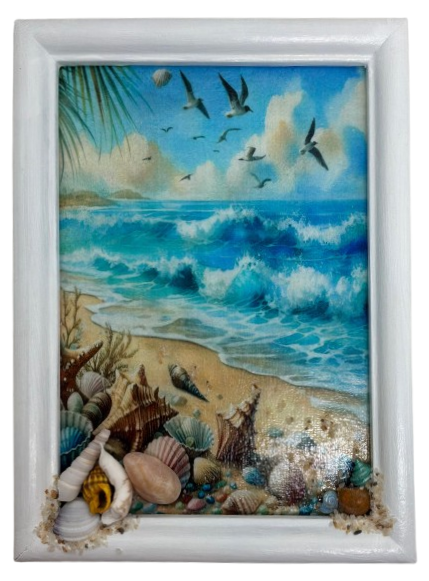 Framed Decoupage On Glass - Beach Coastal Theme - Shells Seagulls Waves - Wall Art Handmade Home Decor {{ JAMsCraftCloset }}