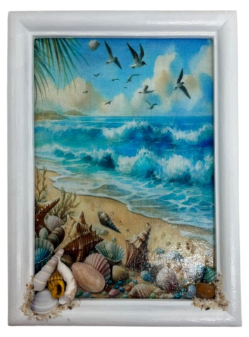 Framed Decoupage On Glass - Beach Coastal Theme - Shells Seagulls Waves - Wall Art Handmade Home Decor {{ JAMsCraftCloset }}