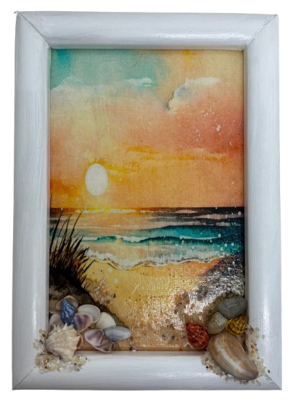 Framed Decoupage On Glass - Beach Coastal Theme - Orange Sunset Beach Grass - Wall Art Handmade Home Decor {{ JAMsCraftCloset }}