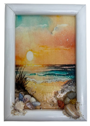 Framed Decoupage On Glass - Beach Coastal Theme - Orange Sunset Beach Grass - Wall Art Handmade Home Decor {{ JAMsCraftCloset }}