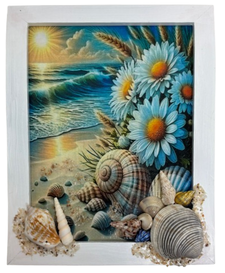 Framed Decoupage On Glass - Beach Coastal Theme - Daisies Seagrass Shells - Wall Art Handmade Home Decor {{ JAMsCraftCloset }}