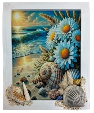 Framed Decoupage On Glass - Beach Coastal Theme - Daisies Seagrass Shells - Wall Art Handmade Home Decor {{ JAMsCraftCloset }}