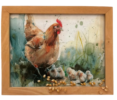 Vintage Wood Frame Decoupaged on Glass - Hen With Chicks Corn - Shelf Sitter Handmade Country Farm Decor Wall Art Gift {{ JAMsCraftCloset }}