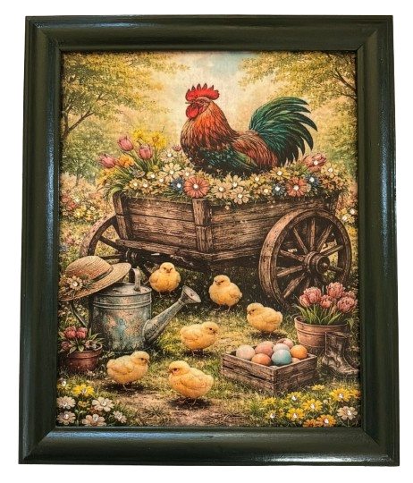 Vintage Wood Frame Decoupaged on Glass - Hen With Chicks in Wagon - Shelf Sitter Handmade Country Farm Decor Wall Art Gift - JAMsCraftCloset