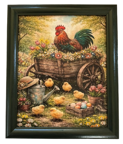 Vintage Wood Frame Decoupaged on Glass - Hen With Chicks in Wagon - Shelf Sitter Handmade Country Farm Decor Wall Art Gift - JAMsCraftCloset