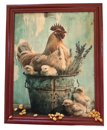 Vintage Wood Frame Decoupaged on Glass - Hen With Chicks in Pail Corn - Shelf Sitter Handmade Country Farm Decor Wall Art Gift - JAMsCraftCloset