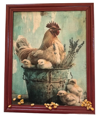 Vintage Wood Frame Decoupaged on Glass - Hen With Chicks in Pail Corn - Shelf Sitter Handmade Country Farm Decor Wall Art Gift - JAMsCraftCloset