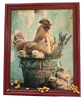 Vintage Wood Frame Decoupaged on Glass - Hen With Chicks in Pail Corn - Shelf Sitter Handmade Country Farm Decor Wall Art Gift - JAMsCraftCloset