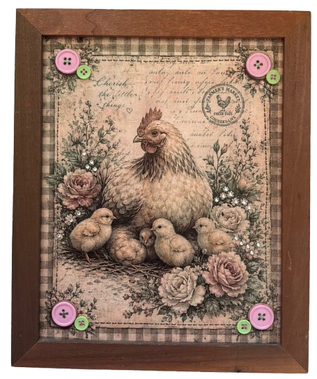 Vintage Wood Frame Decoupaged on Glass - Hen With Chicks Buttons - Shelf Sitter Handmade Country Farm Decor Wall Art Gift - JAMsCraftCloset
