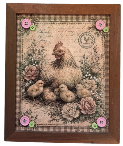 Vintage Wood Frame Decoupaged on Glass - Hen With Chicks Buttons - Shelf Sitter Handmade Country Farm Decor Wall Art Gift - JAMsCraftCloset