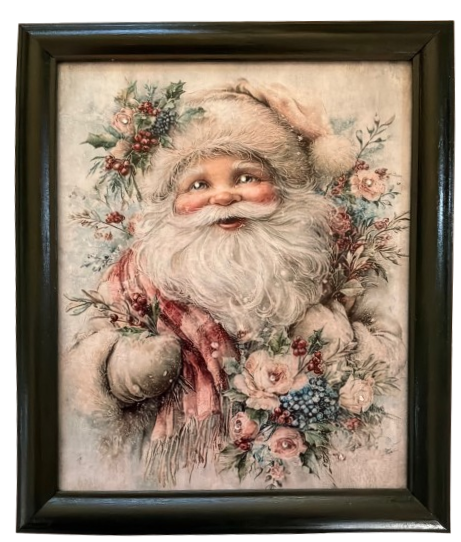 Vintage Wood Frame Decoupage On Glass SANTA PINK FLORAL Christmas Wall Art Shelf Sitter Gift Idea One of a Kind-Unique-Home-Country-Cottage Chic Decor-JAMsCraftCloset