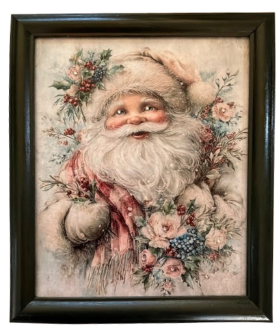 Vintage Wood Frame Decoupage On Glass SANTA PINK FLORAL Christmas Wall Art Shelf Sitter Gift Idea One of a Kind-Unique-Home-Country-Cottage Chic Decor-JAMsCraftCloset