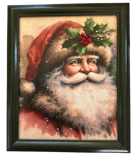 Vintage Wood Frame Decoupage On Glass SANTA HOLLY ON HAT WITH BLING Christmas Wall Art Shelf Sitter Gift Idea One of a Kind-Unique-Home-Country-Cottage Chic Decor-JAMsCraftCloset