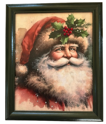 Vintage Wood Frame Decoupage On Glass SANTA HOLLY ON HAT WITH BLING Christmas Wall Art Shelf Sitter Gift Idea One of a Kind-Unique-Home-Country-Cottage Chic Decor-JAMsCraftCloset