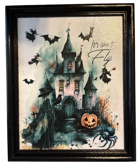 Vintage Wood Frame Decoupage On Glass IT IS TIME TO FLY Halloween Witch Wall Art Shelf Sitter Gift Idea {{ JAMsCraftCloset }}