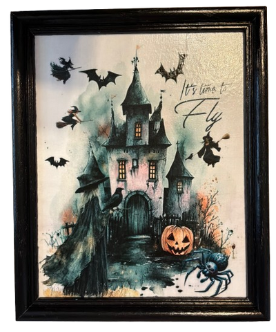 Vintage Wood Frame Decoupage On Glass IT IS TIME TO FLY Halloween Witch Wall Art Shelf Sitter Gift Idea {{ JAMsCraftCloset }}