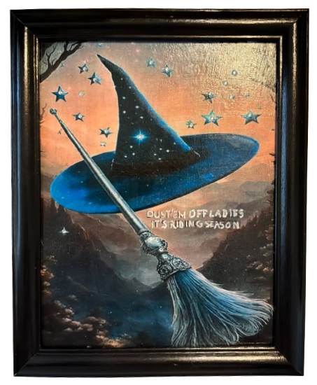 Vintage Wood Frame Decoupage On Glass DUST THEM OFF LADIES IT IS RIDING SEASON Halloween Witch Wall Art Shelf Sitter Gift Idea {{ JAMsCraftCloset }}