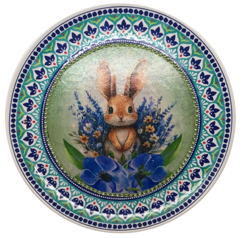 PLATE PLASTIC ROUND Decoupaged Hand Painted Upcycled Repurposed Wall Art BUNNY BLUE FLORAL Home Decor Spring Easter Wall Art Gift - JAMsCraftCloset