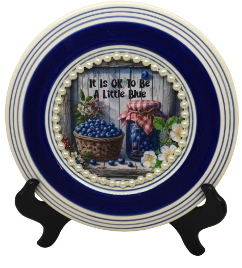 Glass PLATE Round IT IS OK TO BE A LITTLE BLUE - BLUEBERRIES Country Farmhouse Kitchen Shelf Sitter Handmade Decoupaged Repurposed Upcycled Birthday Gift Idea - JAMsCraftCloset