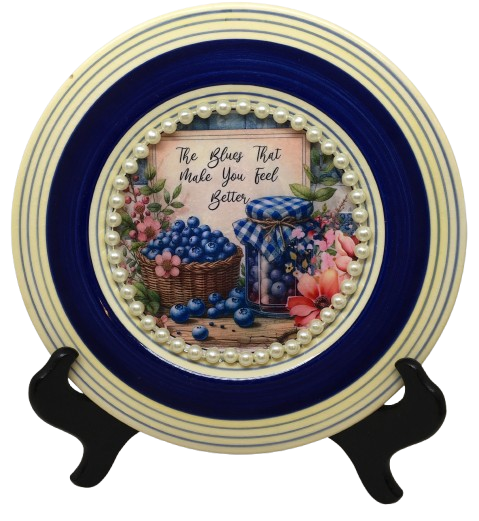 Glass PLATE Round THE BLUE THAT MAKES YOU FEEL BETTER - BLUEBERRIES Country Farmhouse Kitchen Shelf Sitter Handmade Decoupaged Repurposed Upcycled Birthday Gift Idea - JAMsCraftCloset