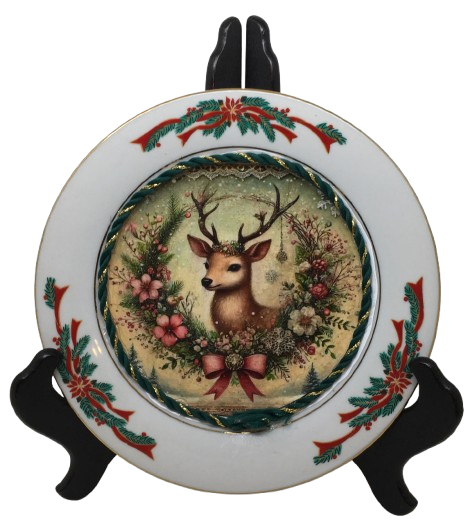 Glass PLATE Round CHRISTMAS DEER 3 Country Farmhouse Kitchen Shelf Sitter Handmade Decoupaged Repurposed Upcycled Birthday Gift Idea - JAMsCraftCloset