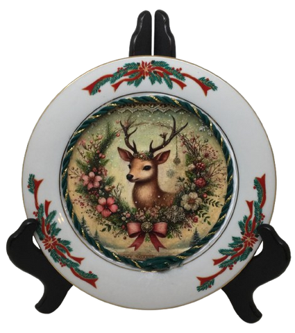Glass PLATE Round CHRISTMAS DEER 3 Country Farmhouse Kitchen Shelf Sitter Handmade Decoupaged Repurposed Upcycled Birthday Gift Idea - JAMsCraftCloset