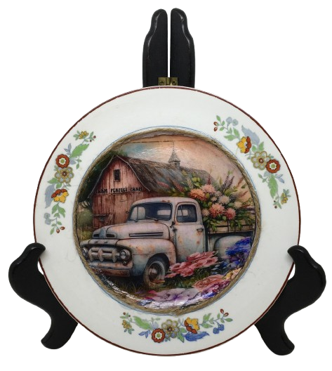 Glass PLATE Round WHITE FARM TRUCK -FARM PERFECT FARM Country Farmhouse Kitchen Shelf Sitter Handmade Decoupaged Repurposed Upcycled Birthday Gift Idea - JAMsCraftCloset