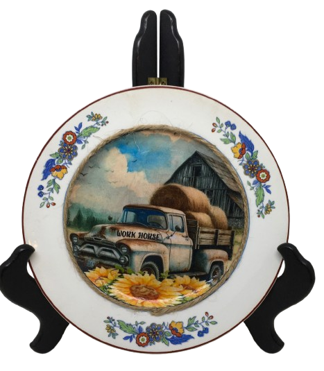 Glass PLATE Round WHITE FARM TRUCK -WORK HORSE Country Farmhouse Kitchen Shelf Sitter Handmade Decoupaged Repurposed Upcycled Birthday Gift Idea - JAMsCraftCloset