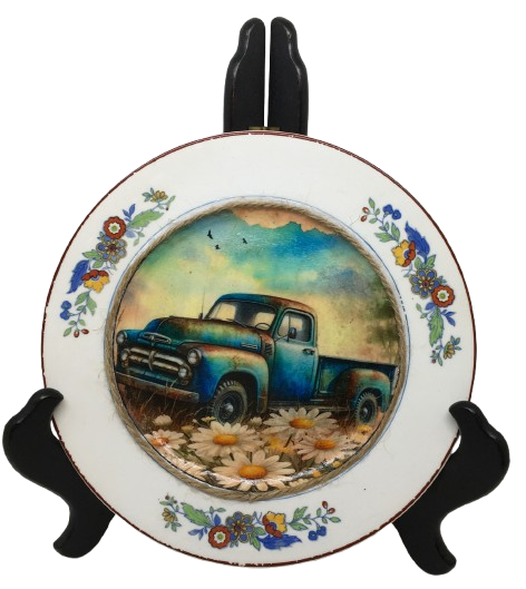 Glass PLATE Round BLUE FARM TRUCK - DASIES Country Farmhouse Kitchen Shelf Sitter Handmade Decoupaged Repurposed Upcycled Birthday Gift Idea - JAMsCraftCloset