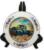 Glass PLATE Round BLUE FARM TRUCK - DASIES Country Farmhouse Kitchen Shelf Sitter Handmade Decoupaged Repurposed Upcycled Birthday Gift Idea - JAMsCraftCloset