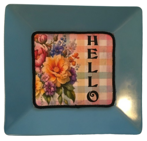 TRAY Pale Blue Plastic Square Decoupaged Hand Painted Upcycled Repurposed Wall Art SPRING FLORAL - HELLO Home Decor Wall Art Gift - JAMsCraftCloset