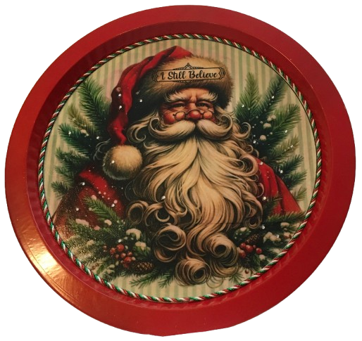 TRAY RED METAL ROUND Decoupaged Hand Painted Upcycled Repurposed Wall Art SANTA FACE - I STILL BELIEVE With Bling Home Decor Christmas Wall Art Gift - JAMsCraftCloset