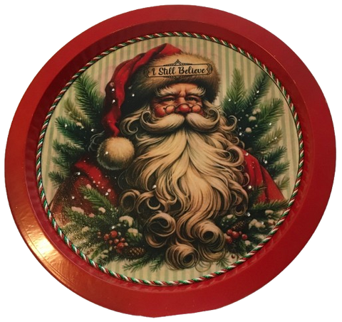 TRAY RED METAL ROUND Decoupaged Hand Painted Upcycled Repurposed Wall Art SANTA FACE - I STILL BELIEVE With Bling Home Decor Christmas Wall Art Gift - JAMsCraftCloset