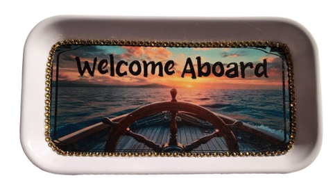 TRAY WHITE Plastic Rectangle Decoupaged Upcycled Repurposed BOAT DECOR DOOR Wall Art WELCOME ABOARD Cabin Cruiser Decor Wall Art Gift - JAMsCraftCloset