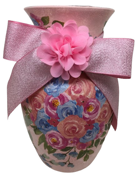 Glass PINK Vase Decoupaged PINK AND BLUE ROSES and PINK BOW AND FLOWER Wedding Decor Shelf Sitter Floral Vase Flower Vase Gift Idea Table Decor Centerpiece Home Decor Cottage Chic Farmhouse Decor Victorian Decor - JAMsCraftCloset