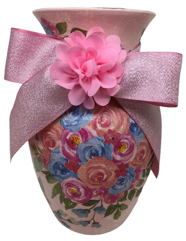 Glass PINK Vase Decoupaged PINK AND BLUE ROSES and PINK BOW AND FLOWER Wedding Decor Shelf Sitter Floral Vase Flower Vase Gift Idea Table Decor Centerpiece Home Decor Cottage Chic Farmhouse Decor Victorian Decor - JAMsCraftCloset