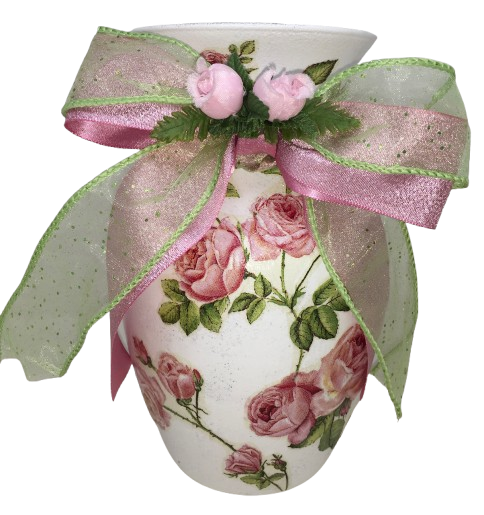 Glass WHITE Vase Decoupaged PINK ROSES and PINK and GREEN BOW AND FLOWER Wedding Decor Shelf Sitter Floral Vase Flower Vase Gift Idea Table Decor Centerpiece Home Decor Cottage Chic Farmhouse Decor Victorian Decor - JAMsCraftCloset