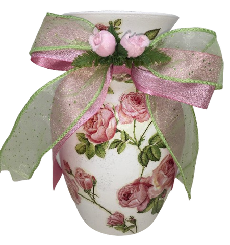 Glass WHITE Vase Decoupaged PINK ROSES and PINK and GREEN BOW AND FLOWER Wedding Decor Shelf Sitter Floral Vase Flower Vase Gift Idea Table Decor Centerpiece Home Decor Cottage Chic Farmhouse Decor Victorian Decor - JAMsCraftCloset