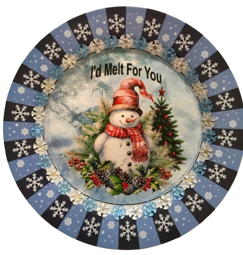 PLATE PLASTIC ROUND Blue and White DECOUPAGED Upcycled Repurposed Wall Art or Shelf Sitter I'D MELT FOR YOU Christmas Holiday Snowman Home Decor Wall Art Gift WEDDING - JAMsCraftCloset