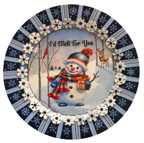 PLATE PLASTIC ROUND Blue and White DECOUPAGED Upcycled Repurposed Wall Art or Shelf Sitter I'D MELT FOR YOU 2 Christmas Holiday Snowman Home Decor Wall Art Gift WEDDING- JAMsCraftCloset