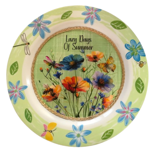 PLATE FLORAL PLASTIC ROUND DECOUPAGED Upcycled Repurposed Wall Art or Shelf Sitter LAZY DAYS OF SUMMER Green Red Blue Floral Home Decor Wall Art Gift WEDDING - JAMsCraftCloset