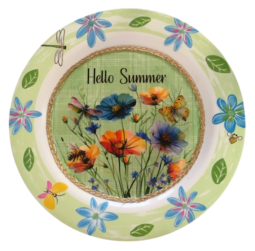 PLATE FLORAL PLASTIC ROUND DECOUPAGED Upcycled Repurposed Wall Art or Shelf Sitter HELLO SUMMER Green Red Blue Floral Home Decor Wall Art Gift WEDDING - JAMsCraftCloset