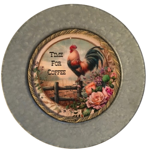 Galvanized Metal Round Charger Plate With Hanging Hook Decoupaged Farmhouse Country Coffee Bar Wall Art Shelf Sitter TIME FOR COFFEE Handmade Gift Idea - JAMsCraftCloset