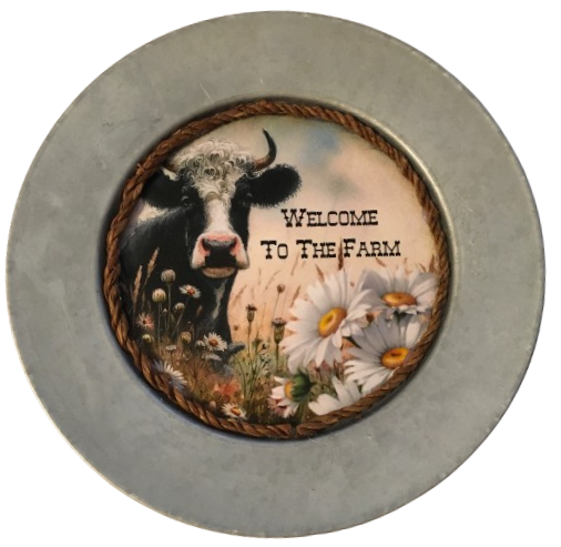 Galvanized Metal Round Charger Plate With Hanging Hook Decoupaged Farmhouse Country Wall Art Shelf Sitter WELCOME TO THE FARM COW Handmade Gift Idea - JAMsCraftCloset