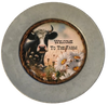 Galvanized Metal Round Charger Plate With Hanging Hook Decoupaged Farmhouse Country Wall Art Shelf Sitter WELCOME TO THE FARM COW Handmade Gift Idea - JAMsCraftCloset